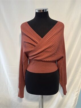 dressbarn Ribbed Wrap V-Neck Sweater - Rusty Rose